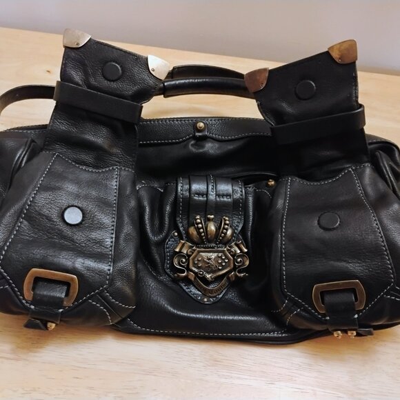 Juicy Couture BLACK LEATHER satchel Logo legacy Bag purse  ICONIC - Picture 8 of 13